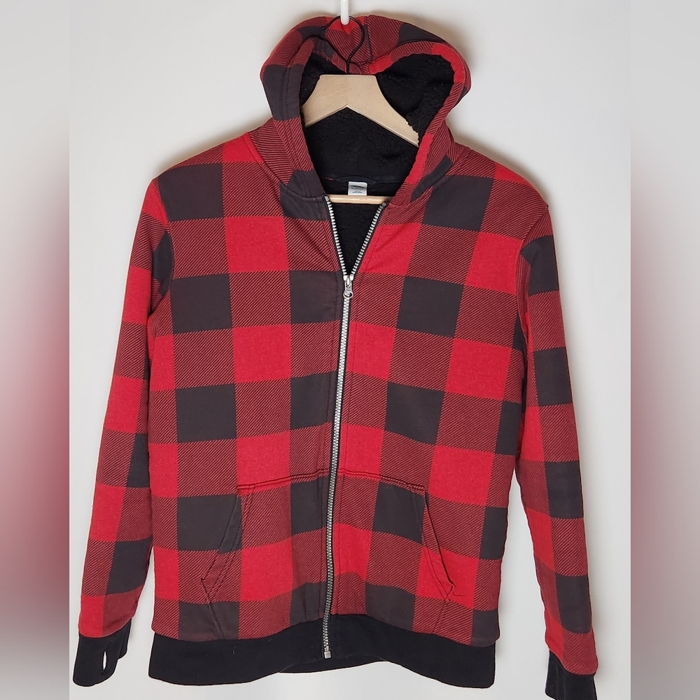 Red and Black Plaid Boys Youth Full Zip Lined Hoodie Sweater Old Navy XL